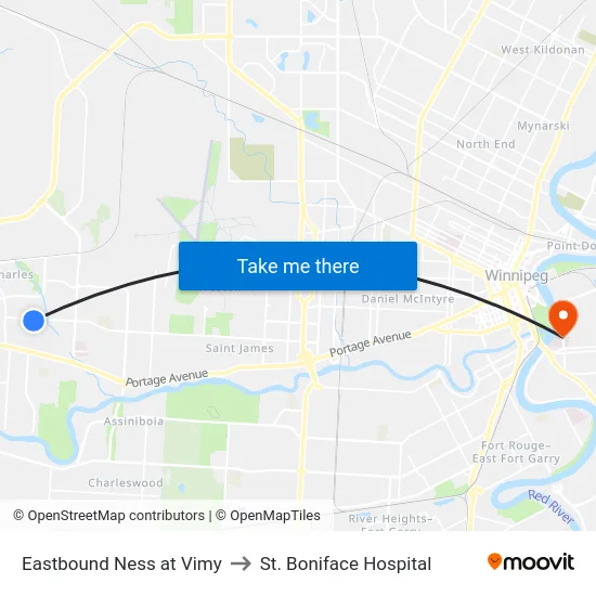 Eastbound Ness at Vimy to St. Boniface Hospital map