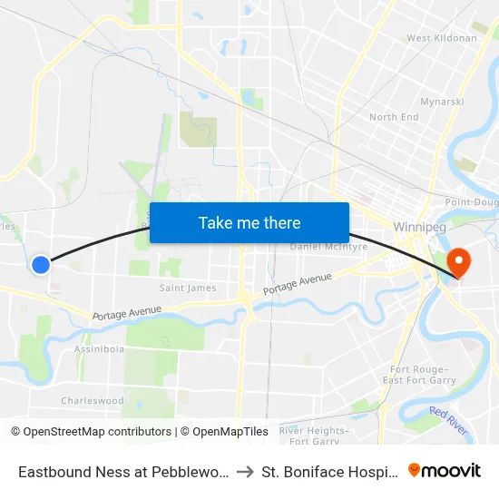 Eastbound Ness at Pebblewood to St. Boniface Hospital map