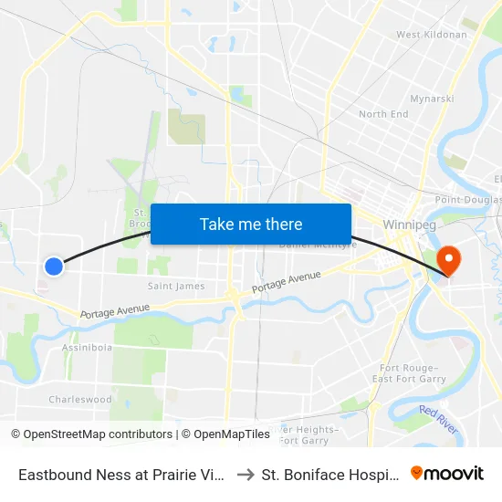 Eastbound Ness at Prairie View to St. Boniface Hospital map