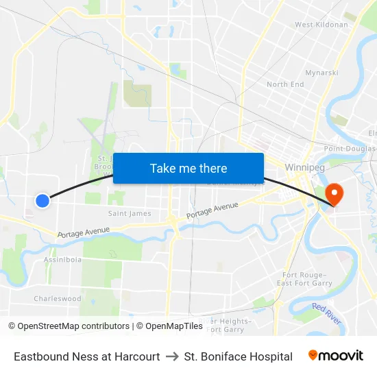 Eastbound Ness at Harcourt to St. Boniface Hospital map