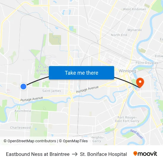 Eastbound Ness at Braintree to St. Boniface Hospital map