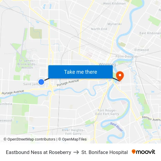 Eastbound Ness at Roseberry to St. Boniface Hospital map
