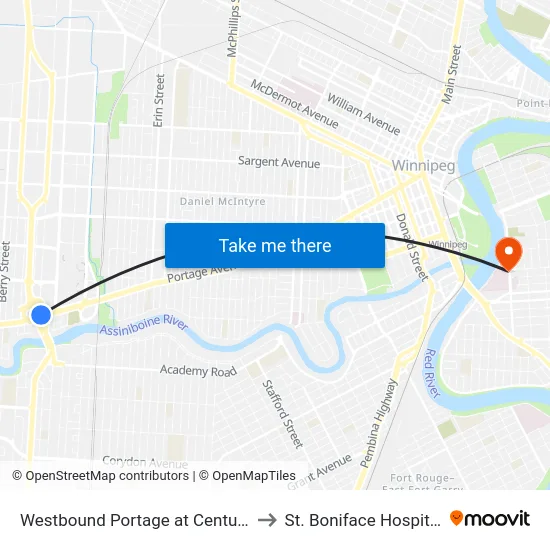 Westbound Portage at Century to St. Boniface Hospital map