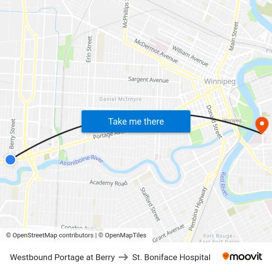 Westbound Portage at Berry to St. Boniface Hospital map