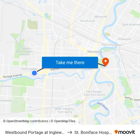 Westbound Portage at Inglewood to St. Boniface Hospital map