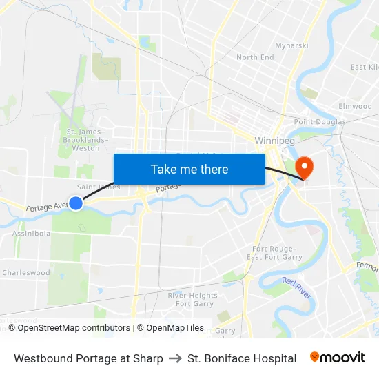 Westbound Portage at Sharp to St. Boniface Hospital map