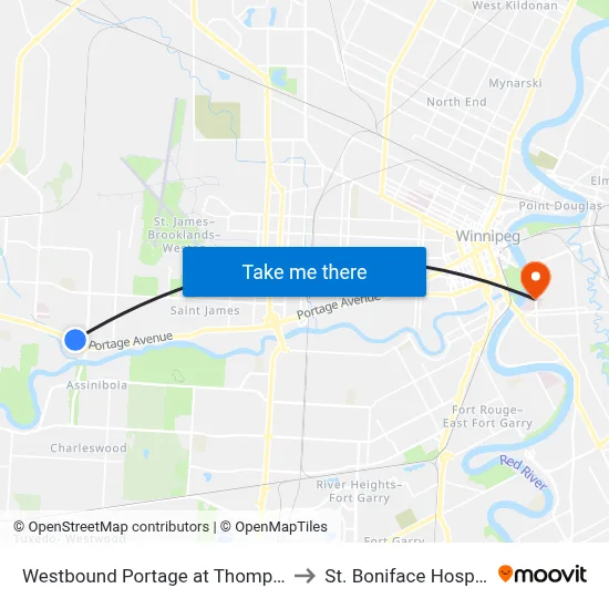Westbound Portage at Thompson to St. Boniface Hospital map