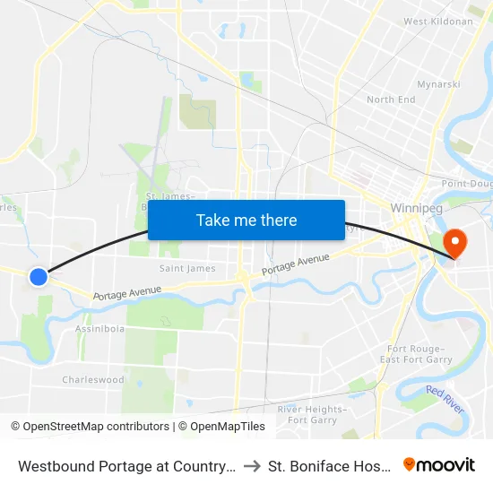 Westbound Portage at Country Club to St. Boniface Hospital map