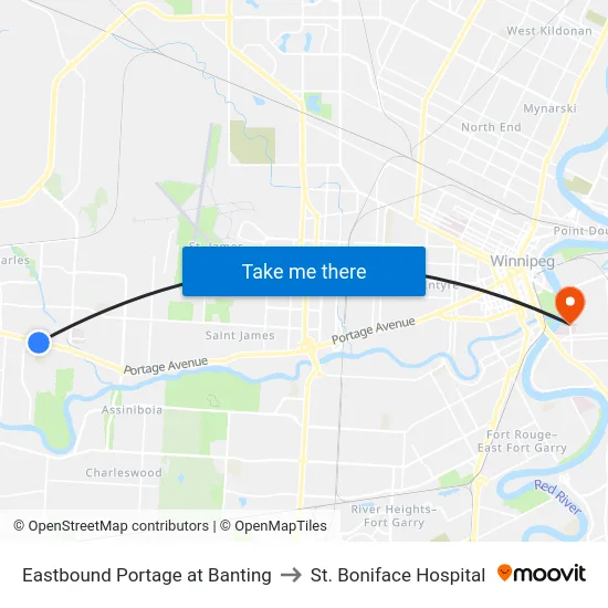Eastbound Portage at Banting to St. Boniface Hospital map