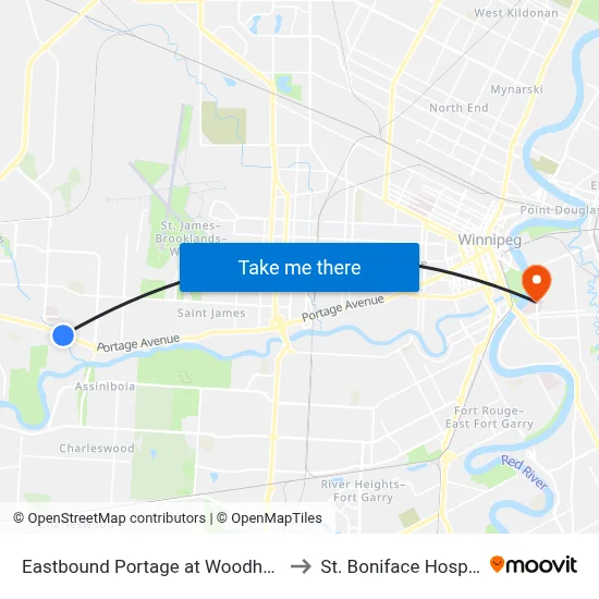 Eastbound Portage at Woodhaven to St. Boniface Hospital map