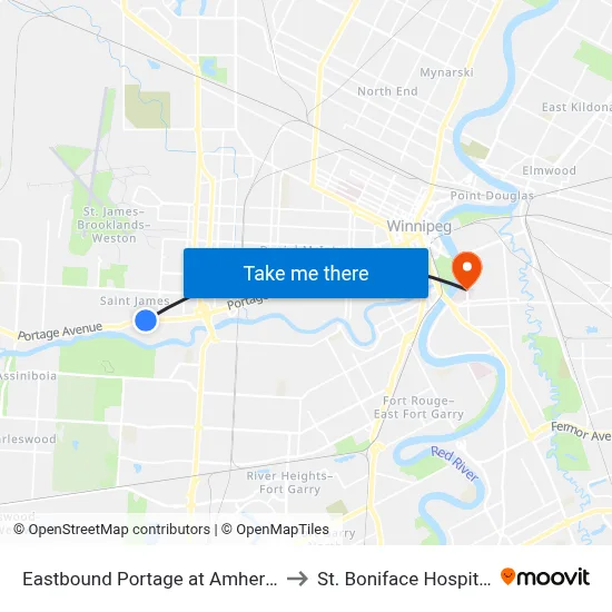 Eastbound Portage at Amherst to St. Boniface Hospital map