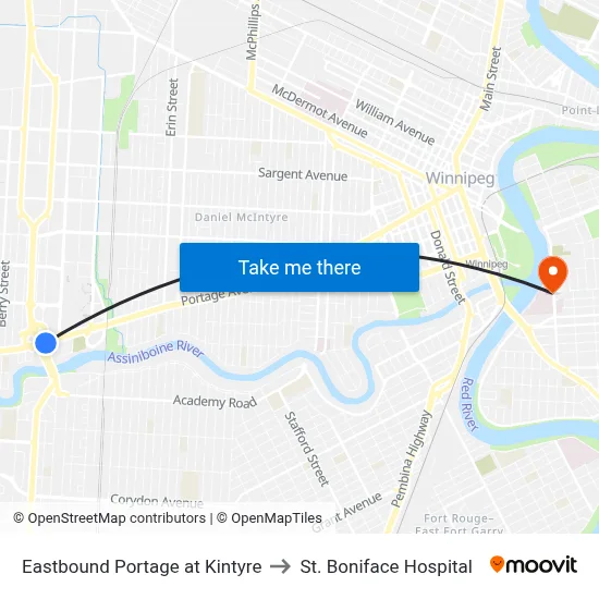 Eastbound Portage at Kintyre to St. Boniface Hospital map