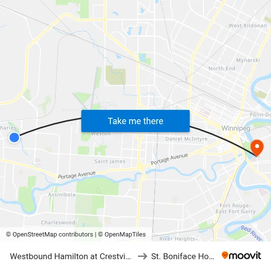 Westbound Hamilton at Crestview Park to St. Boniface Hospital map