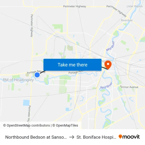 Northbound Bedson at Sansome to St. Boniface Hospital map