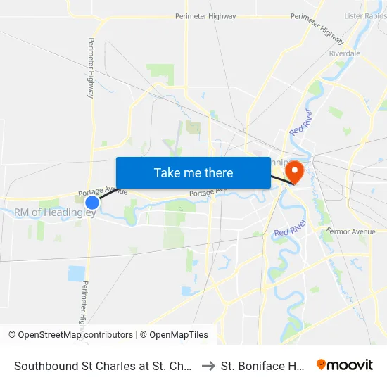 Southbound St Charles at St. Charles Loop to St. Boniface Hospital map