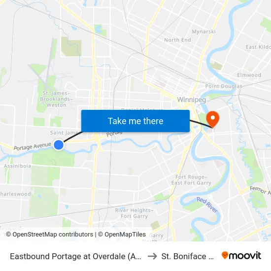 Eastbound Portage at Overdale (Assiniboine Park) to St. Boniface Hospital map