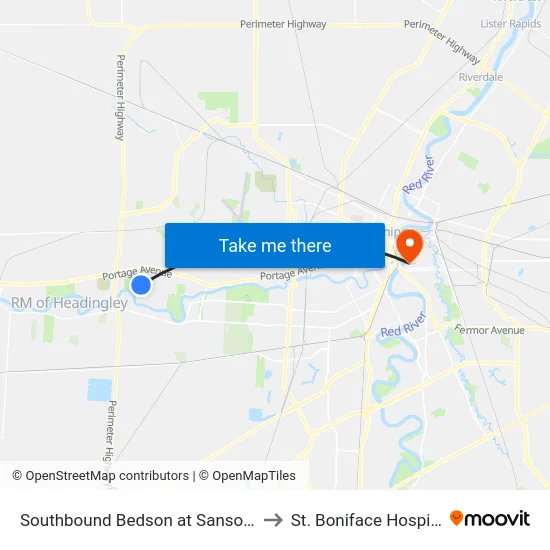 Southbound Bedson at Sansome to St. Boniface Hospital map