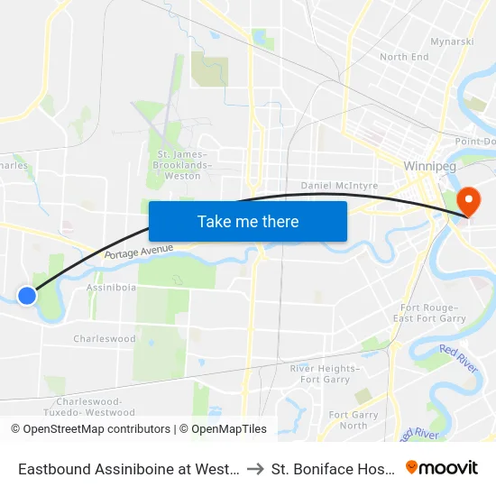 Eastbound Assiniboine at Westwood to St. Boniface Hospital map
