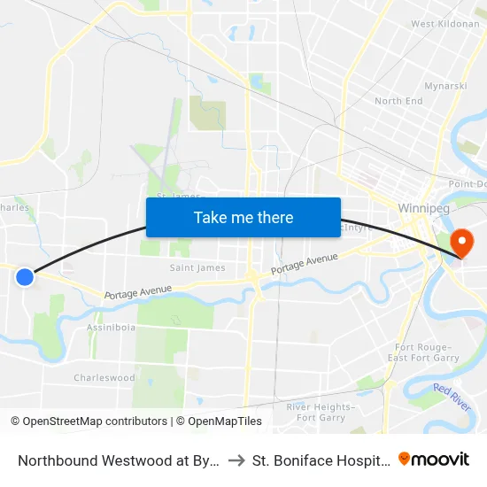 Northbound Westwood at Byrd to St. Boniface Hospital map