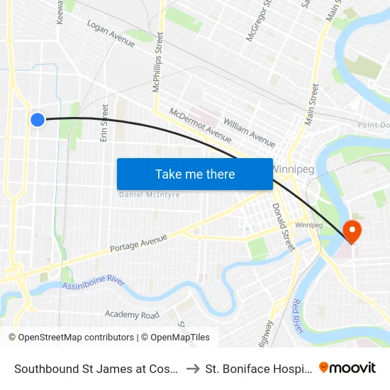 Southbound St James at Costco to St. Boniface Hospital map