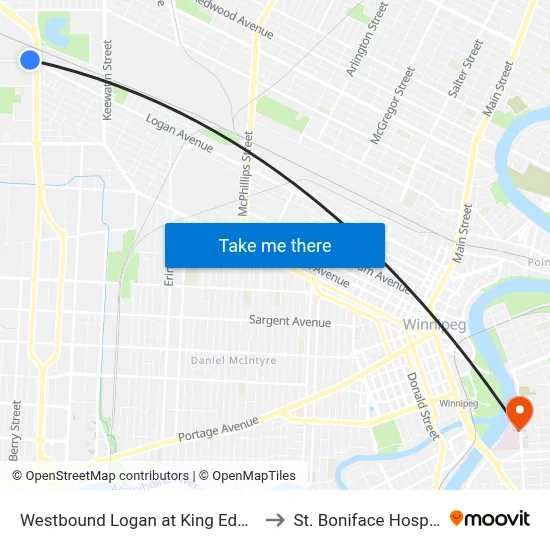 Westbound Logan at King Edward to St. Boniface Hospital map