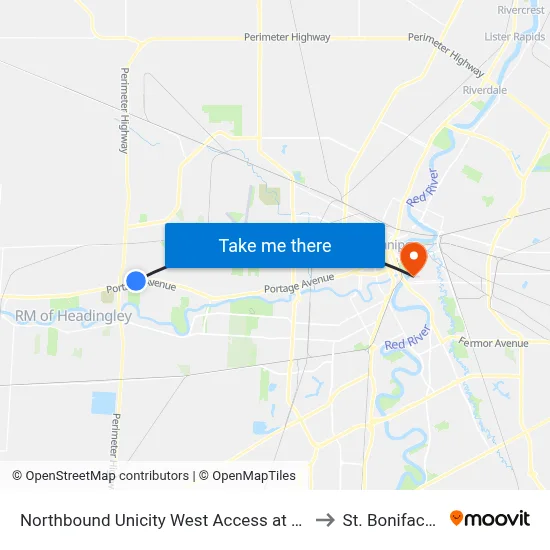 Northbound Unicity West Access at Unicity (Shoppers Drugs) to St. Boniface Hospital map