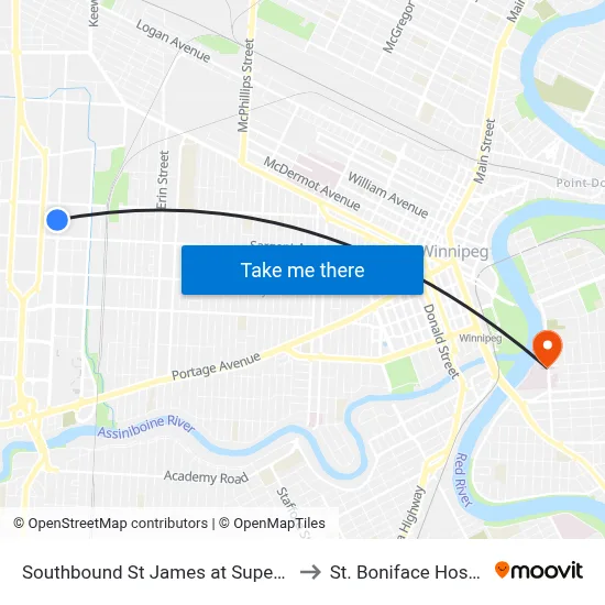 Southbound St James at Superstore to St. Boniface Hospital map