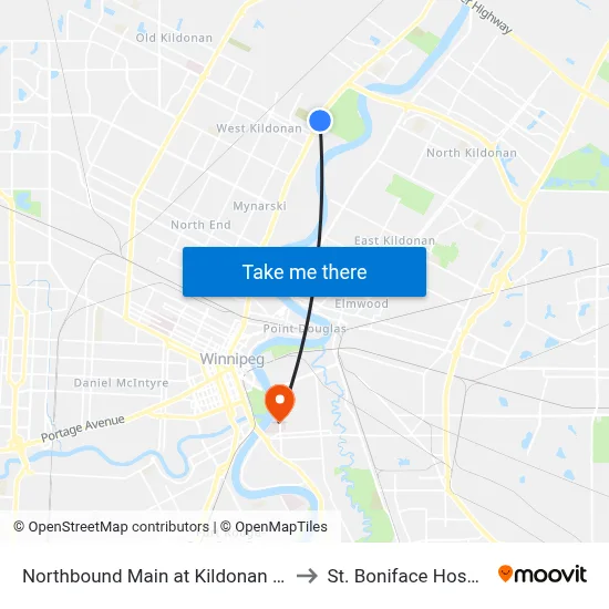 Northbound Main at Kildonan Park to St. Boniface Hospital map