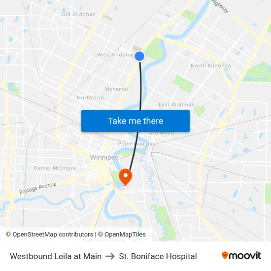 Westbound Leila at Main to St. Boniface Hospital map