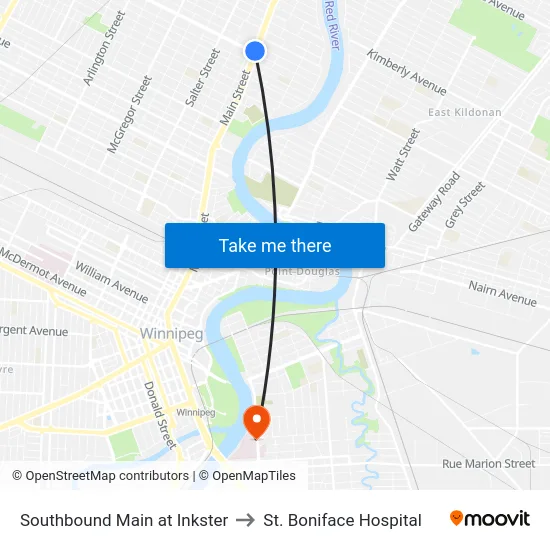 Southbound Main at Inkster to St. Boniface Hospital map
