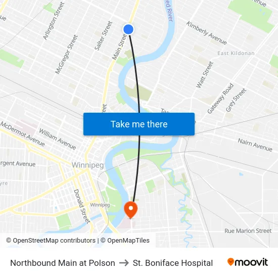 Northbound Main at Polson to St. Boniface Hospital map