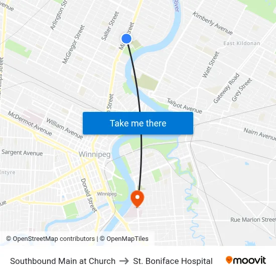 Southbound Main at Church to St. Boniface Hospital map