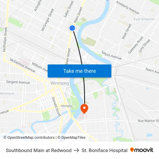 Southbound Main at Redwood to St. Boniface Hospital map