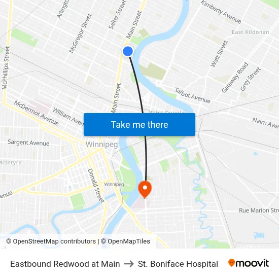 Eastbound Redwood at Main to St. Boniface Hospital map