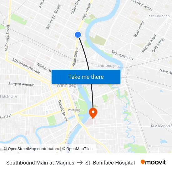 Southbound Main at Magnus to St. Boniface Hospital map