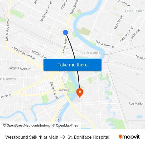 Westbound Selkirk at Main to St. Boniface Hospital map