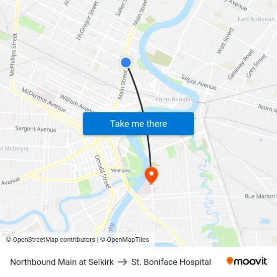 Northbound Main at Selkirk to St. Boniface Hospital map