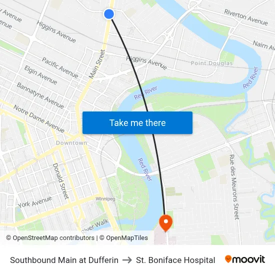 Southbound Main at Dufferin to St. Boniface Hospital map