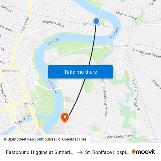 Eastbound Higgins at Sutherland to St. Boniface Hospital map