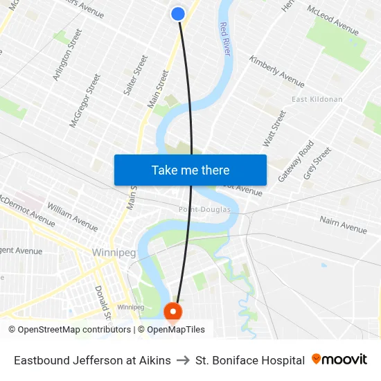 Eastbound Jefferson at Aikins to St. Boniface Hospital map