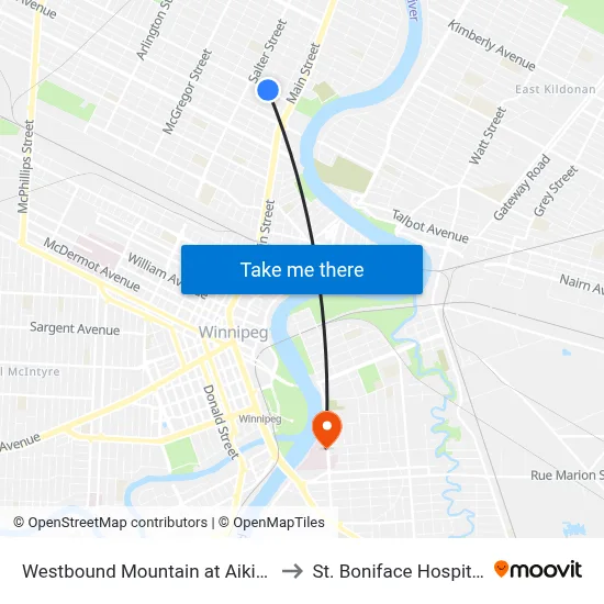 Westbound Mountain at Aikins to St. Boniface Hospital map