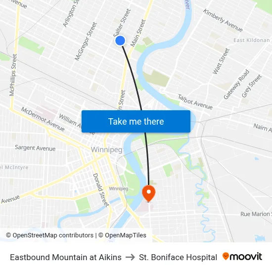 Eastbound Mountain at Aikins to St. Boniface Hospital map