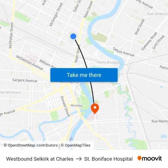 Westbound Selkirk at Charles to St. Boniface Hospital map