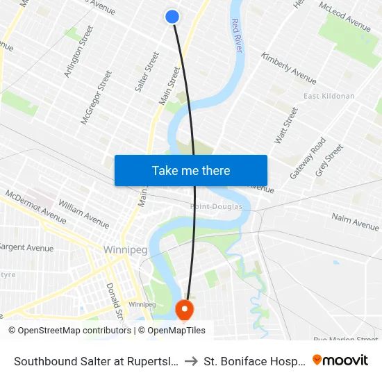 Southbound Salter at Rupertsland to St. Boniface Hospital map