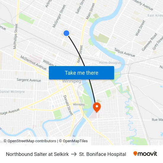 Northbound Salter at Selkirk to St. Boniface Hospital map
