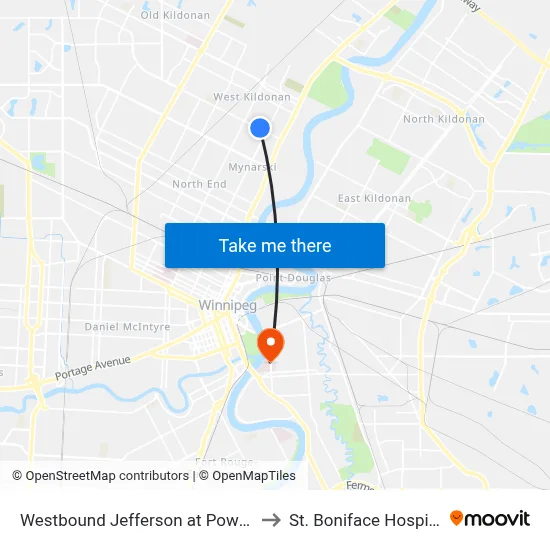 Westbound Jefferson at Powers to St. Boniface Hospital map