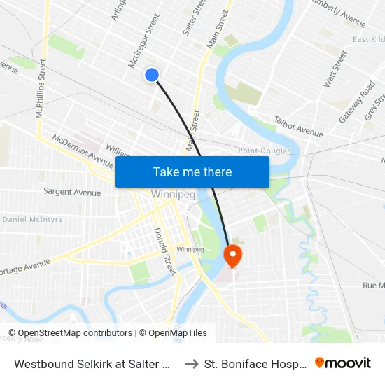 Westbound Selkirk at Salter West to St. Boniface Hospital map
