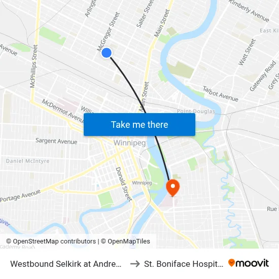 Westbound Selkirk at Andrews to St. Boniface Hospital map