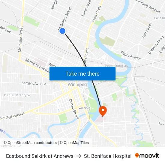 Eastbound Selkirk at Andrews to St. Boniface Hospital map