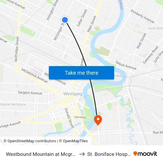 Westbound Mountain at Mcgregor to St. Boniface Hospital map
